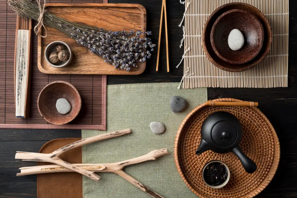 Balanced living space using feng shui principles with natural elements and harmonious energy flow